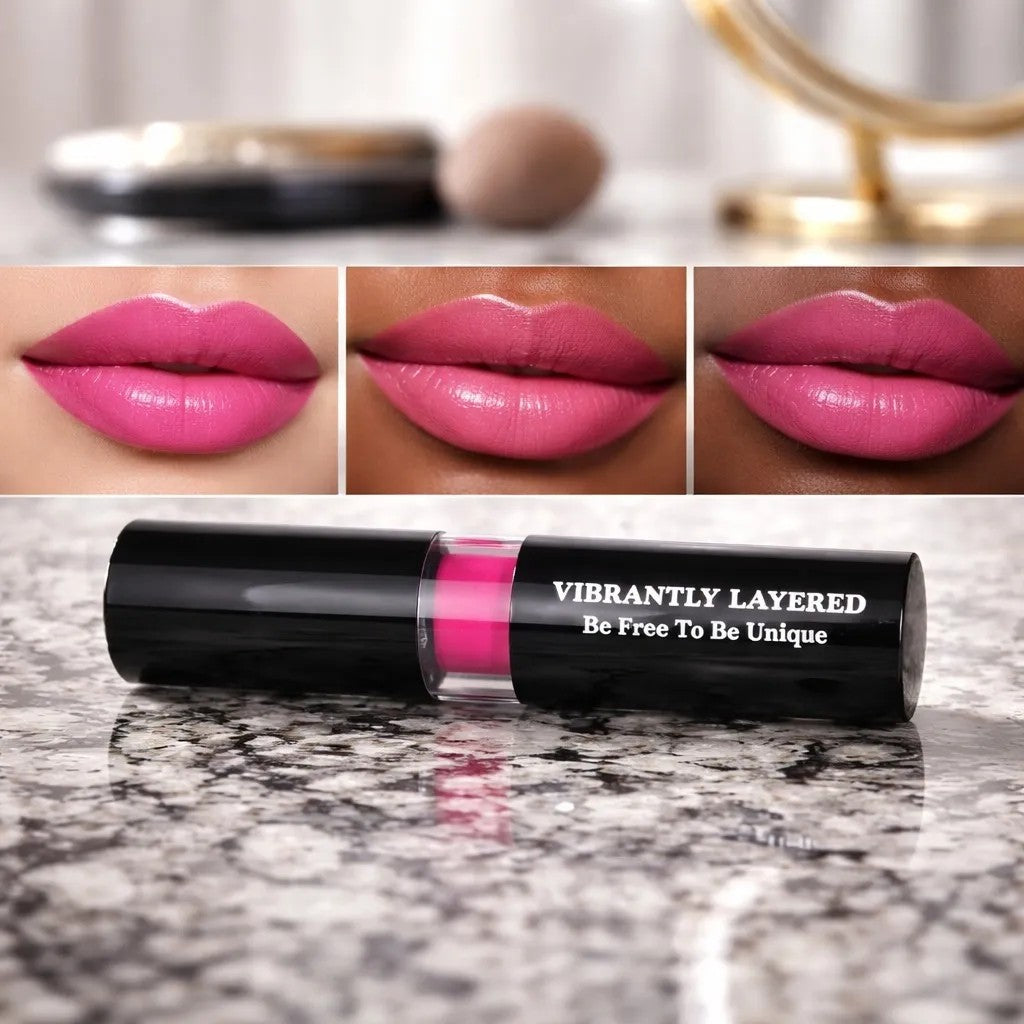 Vibrantly Layered lipstick in fuchsia. Creamy, hydrating formula with buildable color. Sleek black packaging.